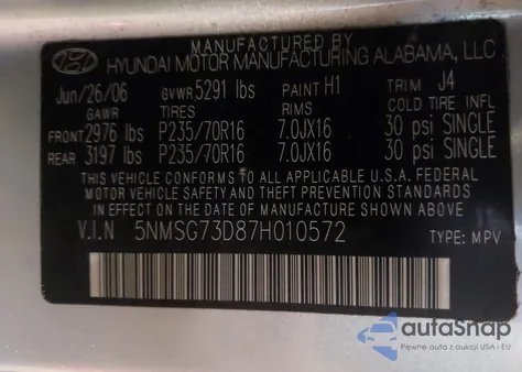 2007 Hyundai Santa Fe Gls z USA, uszkodzony, nr VIN 5NMSG73D87H010572